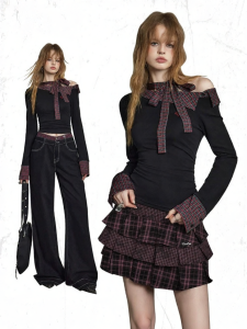 Unifree | Slant Shoulder Long Sleeve Faux Two-Piece Plaid Patchwork Lapel Slim Fit T-shirt