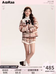 AooRaa Original Design Blackberry And Laurel Doll Collar Rose Plaid Woolen Set Cotton Jacket Winter Fashion Womens Ensemble