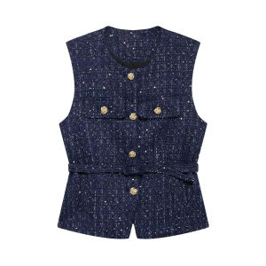 HH Women Fashion Tweed Belt Waistcoat O Neck Single Breasted Sleeveless Vests Spring Summer Office Lady Outerwear Chic Tops