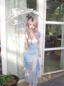 French Style Sweet Pure Desire Wooden Edge Ear Split Gradient Color Square Collar Summer New Slimming Beach Mid-Length Dress