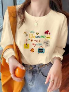 เสื้อยืดคอกลมแขนยาวผ้าฝ้ายแท้สีขาว ทรงหลวม สำหรับผู้หญิง ฤดูใบไม้ร่วง/ฤดูหนาว เสื้อชั้นใน ทรงหลวม ไซส์ใหญ่ เสื้อตัวบน