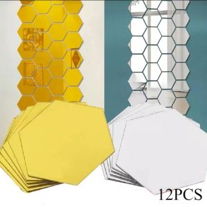 12Pcs Mini Mirror Wall Stickers Acrylic Self Adhesive Removable Hexagon Wall Decals For DIY Living Room Bedroom Home Decor