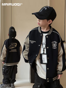 Boys Spring Autumn Cardigan Jacket Korean Style Color Block Cotton Long Sleeve Baseball Collar Soft Processing Fashionable Outerwear