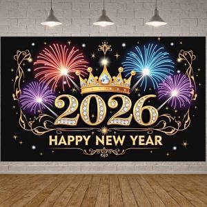 2026 New Year Banner Firework Design Star Decoration Happy New Year Banner for New Year Party 2026 Celebration Holiday Gathering