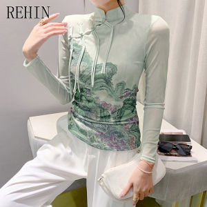REHIN High-end design buckle high-neck long-sleeved printed T-shirt womens bottoming shirt European style top