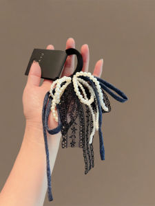 ริบบิ้นผูกผมลายลูกไม้ไข่มุกสไตล์เกาหลีสำหรับผู้หญิง เครื่องประดับผมแบบผูกโบว์ผีเสื้อสุดเก๋ไก๋ ริบบิ้นผูกผมแบบใหม่ สายยางทรงกลม