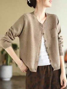 เสื้อคาร์ดิแกนถักคอตตอนแขนยาวหลวมๆ สไตล์เกาหลี ทรงหลวมๆ สำหรับผู้หญิง ฤดูใบไม้ผลิและฤดูใบไม้ร่วง เสื้อคลุมกันหนาว
