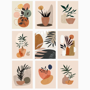 Nordic  Abstract Geometric Watercolor Vase Plant Leaf Decorative Painting Self Adhesive Sticker Artwork for Bedroom