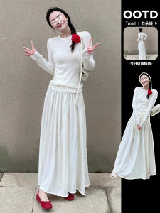 Early Autumn Womens French Style Long Sleeve White Dress Korean System One Whole Set Dress Skirt High Waist A-Line Summer City Commute
