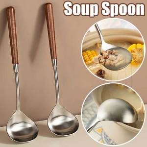 Polocat Durable Wooden Handle Anti Scalding Food Spoon Table Seafood Congee Vegetable Soup Stainless Steel Cooking Scoop Kitchen Utensils