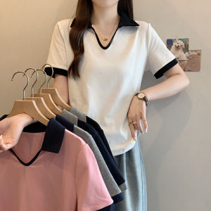 plus Size Polo Neck Short Sleeve T-Shirt Women Summer Slimming Color Block V-Neck Design Small Stature Top Shoulder Width