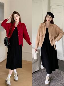 plus Size Autumn Fashion Slimming Polo Short Irregular Jacket And Versatile Vest Skirt Two Piece Set Elegant And Stylish