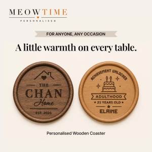 MeowTime Personalised - Laser-Engraved Wooden Coaster for door gift farewell party favor or christmas present