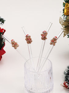 1PC/4PCS Christmas Glass Straw Set Reusable Bendable Straws with Brush Cute Gingerbread Man & Bear Designs