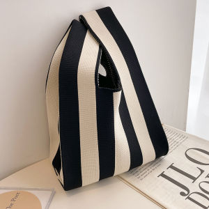 Korean Style Large Capacity Knitted Tote Bag Fashionable Striped Handbag Shopping Shoulder Bag Soft Fabric Bucket Shape
