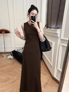 Elegant French Style Sleeveless Slimming Long Dress Womens Vest Style Dress High Waist Design Cotton Blend Casual Gown
