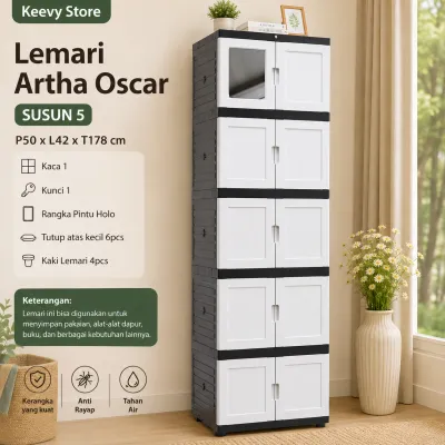 Lemari Artha Oscar Kecil 1 Kaca 1 Rangka Putih Holo Tutup Atas 6pcs Kaki Lemari 4pcs Susun 5