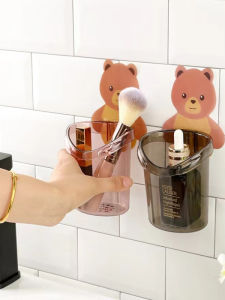 Creative Bear Toothbrush Holder Multifunctional Adhesive Storage Wall Mounted Cup Holder Home Use No Drilling Drainable