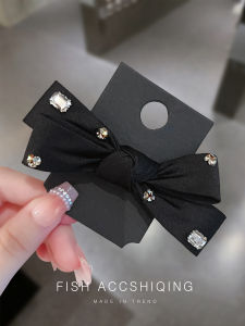 Elegant Satin Butterfly Knot Hair Clip Womens Spring Loaded Black Top Clip Stylish Hair Accessories Diamond Encrusted Hairpin