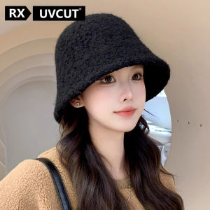 RX Uvcut Lamb Bucket Hat Female Fall and Winter 2024 New Arrival Face-Looking Small Bucket Hat Stuffed Plain Warm Bucket Hat