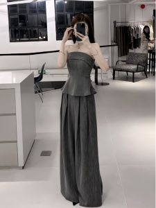Summer New Style Spicy Girl Waist-Cinching One-Shoulder Crop Top High-Waisted Wide-Leg Floor-Length Pants Two-Piece Set Women