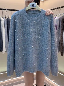 QINGNAER | Loose Oversized Knit Sweater with Beads Round Neck