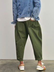 DAVID&ME | Military Green Trendy Workwear Casual Summer Conical Light Thin Cool Drawstring Loose Wide Ninth Pants