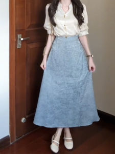 XUECAIQI | Stylish Plus Size Easy-to-match Short Sleeve Silk Shirt and High Waist Skirt Set