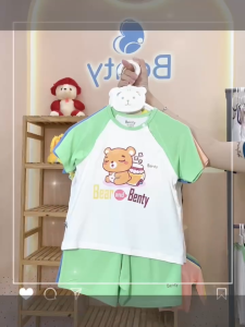 Bộ cộc tay cài chéo BENTY BT010 in hình Bear chất mềm mịn quần áo bé trai bé gái cao cấp