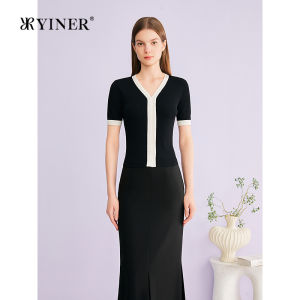 Slimming Elegant Fashion Color-block V-neck Texture Knitwear