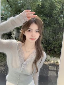 สลิมฟิต คอวี ลูกไม้ Trim เสื้อสเวตเตอร์ถัก ผู้หญิง เสื้อฐานสวยประณีตถักเปิด คาร์ดิเกน เสื้อท่อนบน สําหรับ ฤดูใบไม้ร่วง ฤดูหนาว