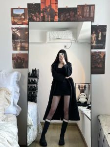 Black Woolen Overcoat for Women Autumn and Winter Thickening Quilted K-style Hepburn Style Small Mid Length Long Length Shoulder Woolen Outwear