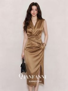 QFN | Summer Mature Elegant Sleeveless Champagne Satin Dress with Waist Cinch and Slit Women Long Dress