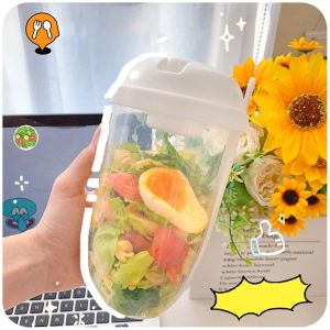 Portable Breakfast Cups 1000ML Cereal Nut Yogurt Salad Cup Container Set with Fork Carry To Go Bottle-Shaped Salad Container