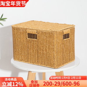 Rattan Woven Storage Box with Lid Plastic Basket for Book And Miscellaneous Item Storage Japanese Style Country Living Room