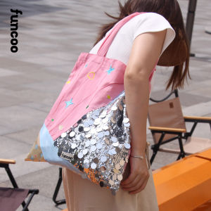 กระเป๋าสะพายไหล่ผ้าใบ Canvas Funcoo ลายปักสีชมพูหวานและเย็น สไตล์ Tote กระเป๋าสะพายได้หลากหลาย