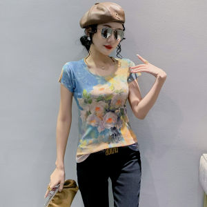 REHIN Womens top Summer new fashion unique print short-sleeved T-shirt cotton bottoming shirt S-3XL slim fit blouse
