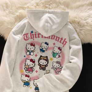 Girls Fleece-lined Hoodie Hello Kitty Cat Print Spring Autumn Winter New Style Childrens Clothing Polyester Cotton Blend