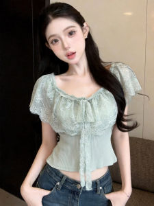 GUZILIAN | Lace Patchwork One-Shoulder Short Sleeve Shaping T-Shirt