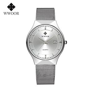 WWOOR นาฬิกาผู้ชายสีเงินพร้อมตาข่ายเหล็กนาฬิกาควอตซ์หรูหราบางเฉียบกันน้ำนาฬิกานาฬิกาข้อมือธุรกิจวันที่