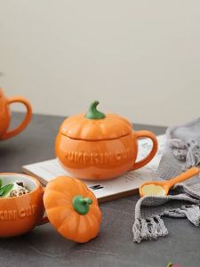 ถ้วยเซรามิครูปฝักทอง มีหูจับ มีฝาปิด ถ้วยแก้วรูปผลไม้ ถ้วยใส่ซุป ถ้วยใส่อาหารเช้า ถ้วยใส่ขนม หม้อซุป ขนาดเล็ก มินิมอล