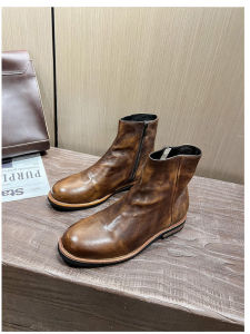 Retro American British Style Chelsea Boots Mens Color Rubbing Weathered High Top Side Zip Short Boots Genuine Leather Martin Boots