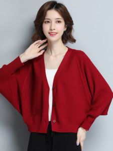 Short Batwing Sleeve Knitted Open Cardigan Outerwear Loose plus Size Womens Spring Autumn Sweater Jacket Button Style V-Neck