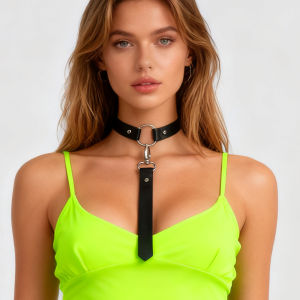 Womens Dark Gothic Faux Leather Black Neck Strap - Punk O-Ring Studded Choker Necklace Retro Edgy Cosplay Pre-Tied Neckwear
