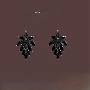 Elegant Silver Earrings Plant Floral Design Black Leaf Zircon Fresh Style round Face Slimming Pure Silver Forest System