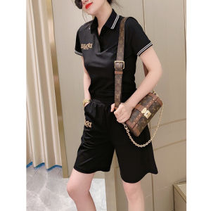 Summer 2025 New Color Block Polo Neck Five Pants Shorts Casual Two Piece Set Womens Threaded Loose Fit Comfortable Fashion