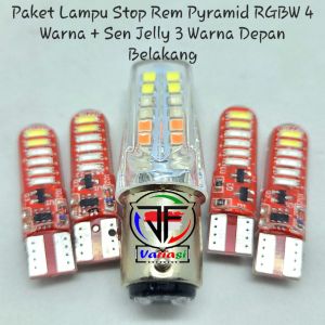 Paket Lampu Stop Rem Pyramid Bolvan 4 Warna RGBW LED & Lampu Sein Sen Depan Belakang Jelly RGB 3 Warna Running Flash Wajib DC 12 Volt Universal