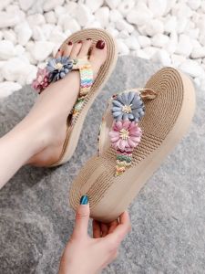 Floral Woven Platform Wedge Sandals Womens Outdoor Flip Flops Beach Vacation Slippers Korean Style mid Heel Rubber Sole