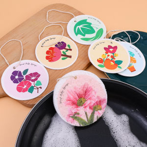 Kitchen Round Cartoon Wood Pulp Sponge Wood Pulp Cotton Dishwashing Sponge Wipe Cartoon Flower Container Pattern Cleaning Brushes