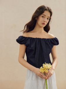 INMAN | Off-shoulder Summer Womens Blouse Tencel Cotton French Washed Denim Short Sleeve